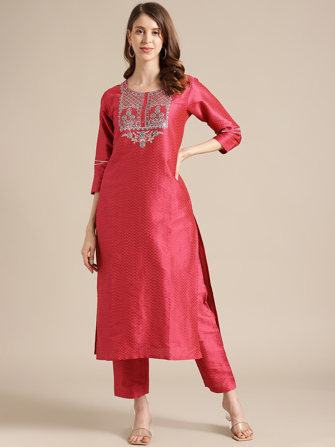 

Varanga Women Pink Ethnic Motifs Embroidered Kurta with Trousers