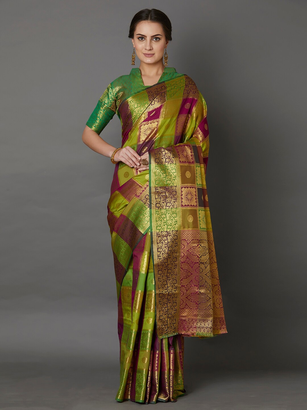 

Mitera Green & Pink Woven Design Silk Blend Saree
