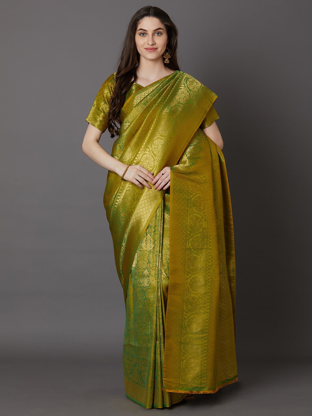 

Mitera Green & Gold-Toned Woven Design Zari Silk Blend Banarasi Saree