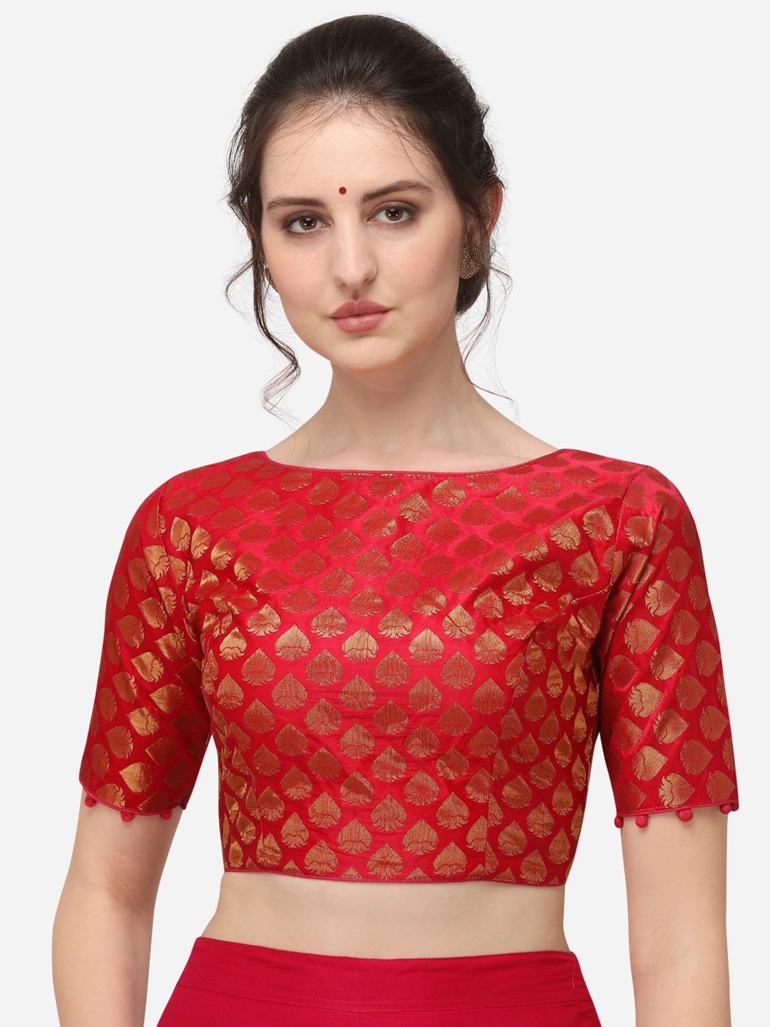 

Fab Dadu Red & Gold Toned Woven Design Jacquard Silk Saree Blouse