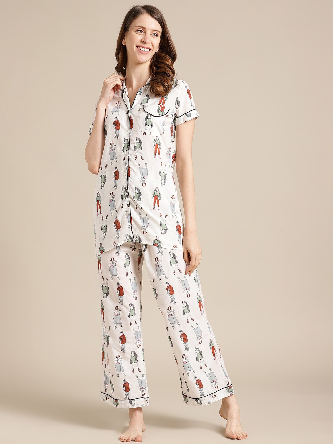 Varanga Women Off White Printed Night suit