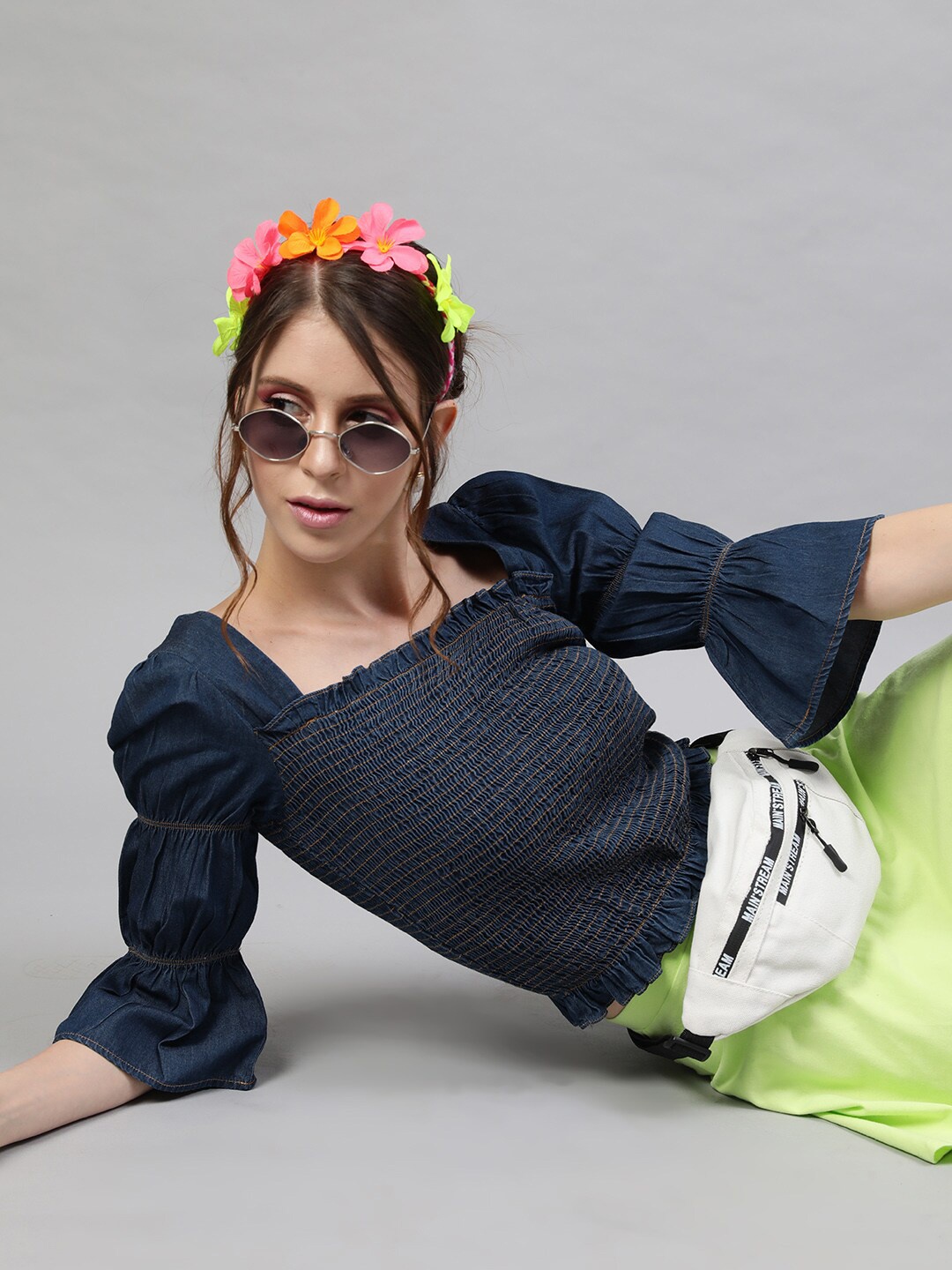 

STREET 9 Women Blue Smocked Denim Fitted Crop Top