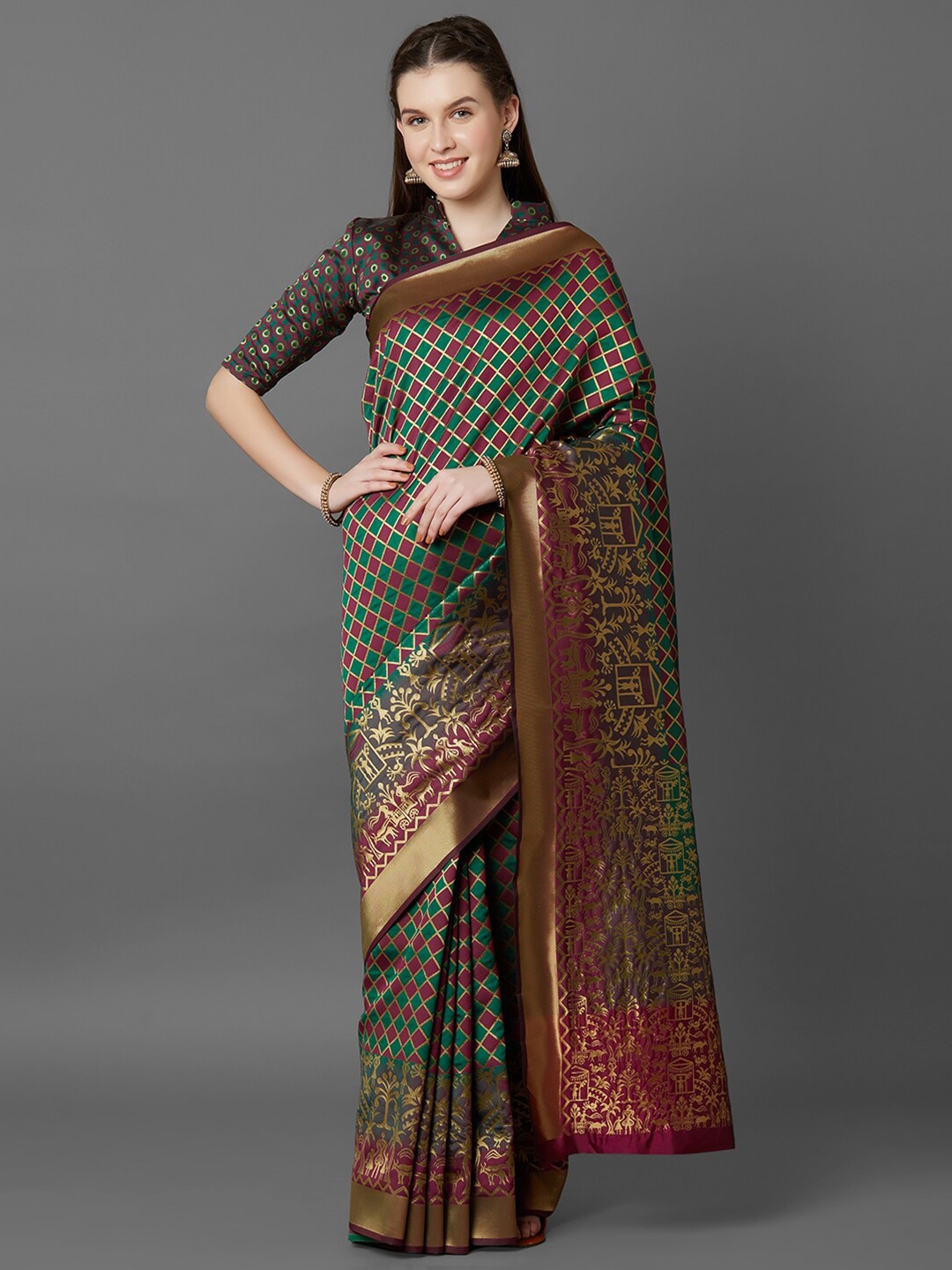 

Mitera Green & Burgundy Ethnic Motifs Zari Silk Blend Banarasi Saree