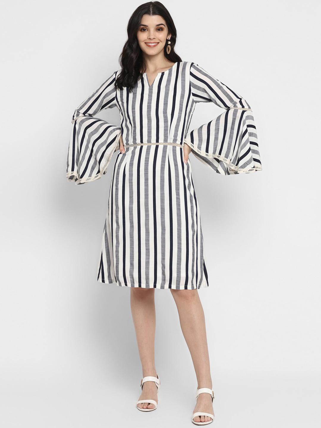 

DEEBACO Navy Blue Striped Bell Sleeved Dress With Lace