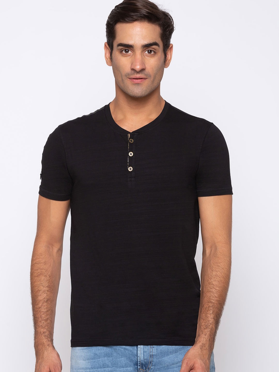 

SPYKAR Men Black Henley Neck Slim Fit T-shirt
