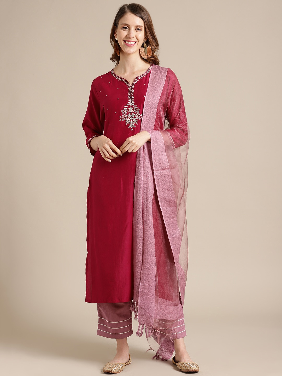 

Varanga Women Magenta Panelled Kurta with Trousers & Dupatta