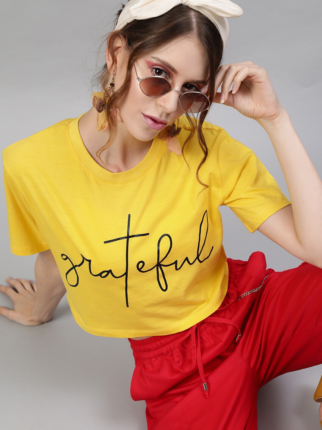 

STREET 9 Women Mustard and Black Printed Round Neck Crop T-shirt