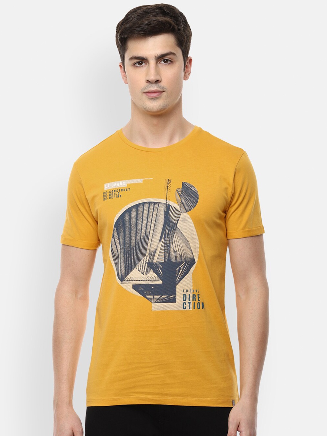 

Louis Philippe Jeans Men Yellow Printed Slim Fit T-shirt