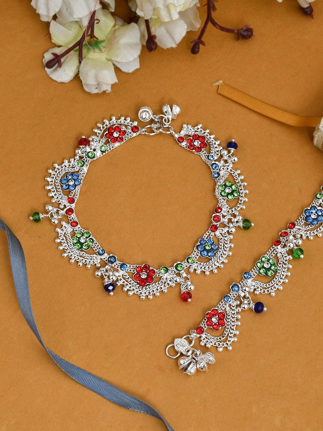 

Silvermerc Designs Set of 2 Silver-Plated Handcrafted Layered Floral Anklets