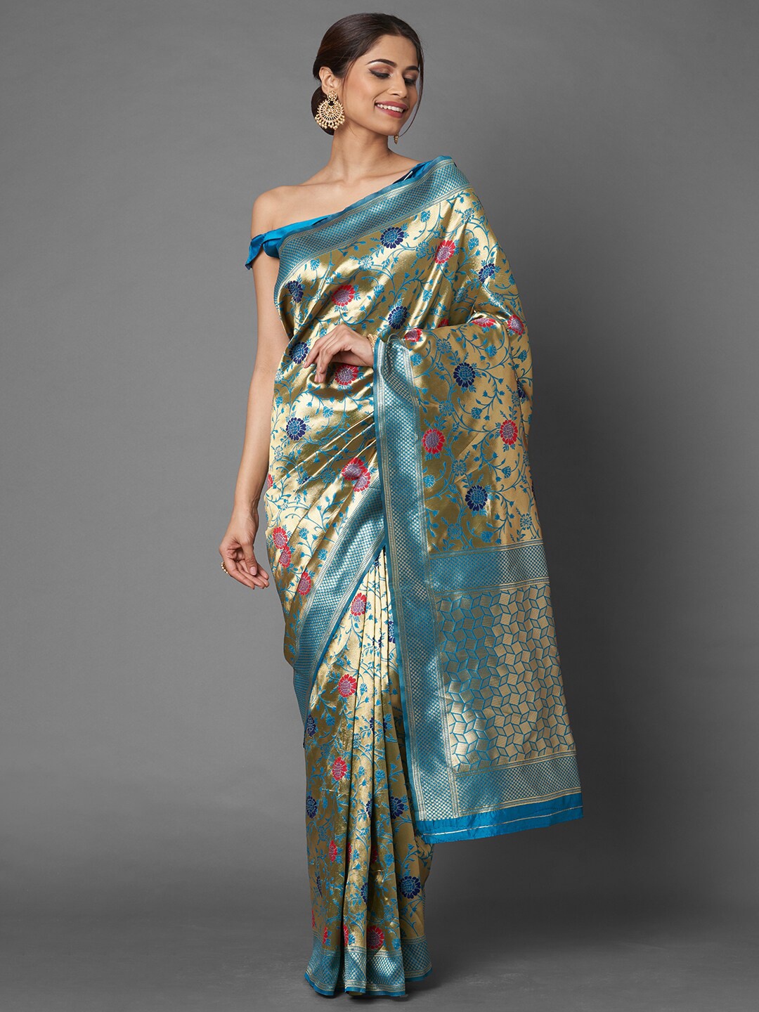 

Mitera Turquoise Blue & Pink Woven Design Silk Blend Banarasi Saree