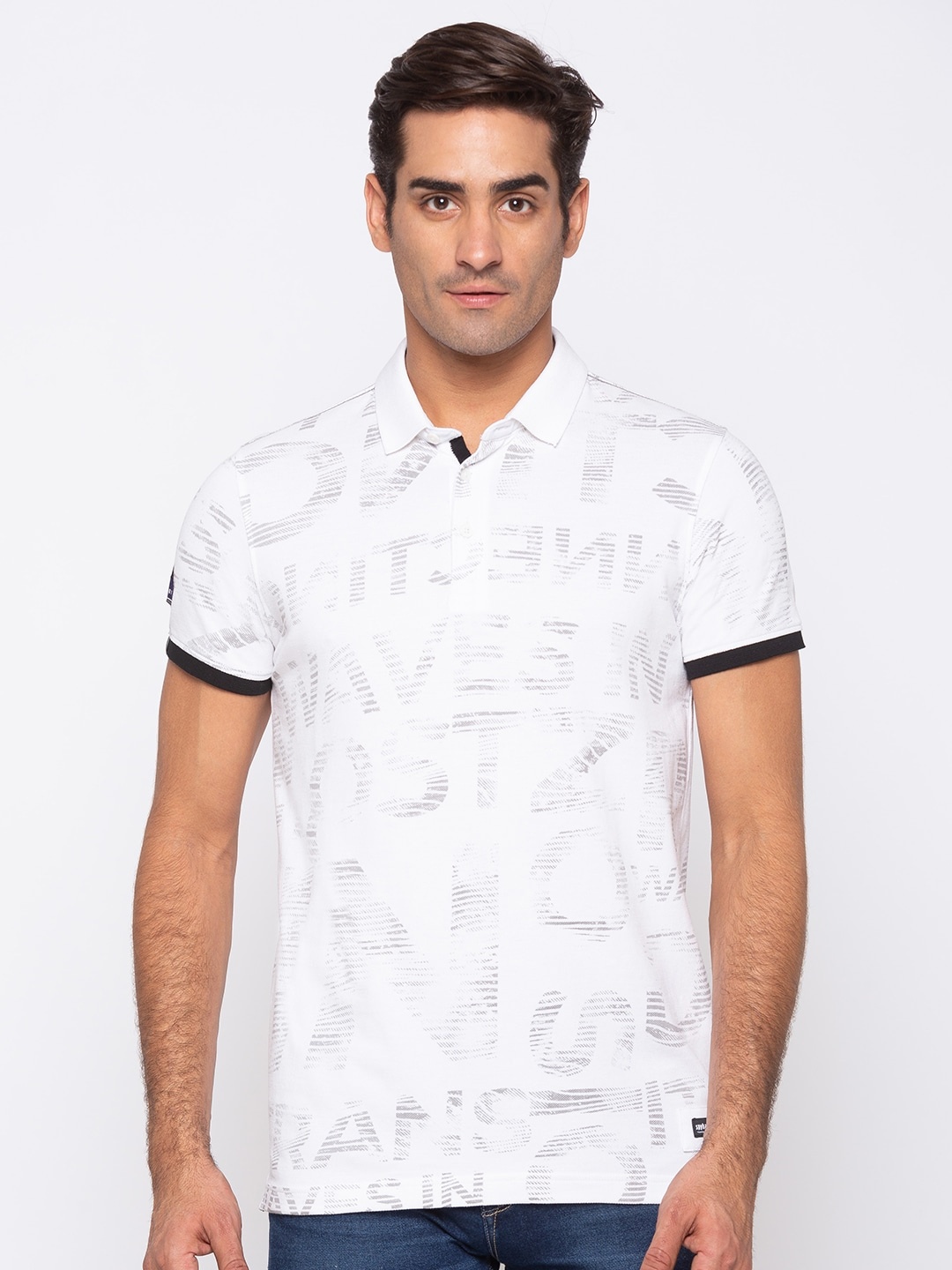 

SPYKAR Men White Printed Polo Collar Slim Fit T-shirt
