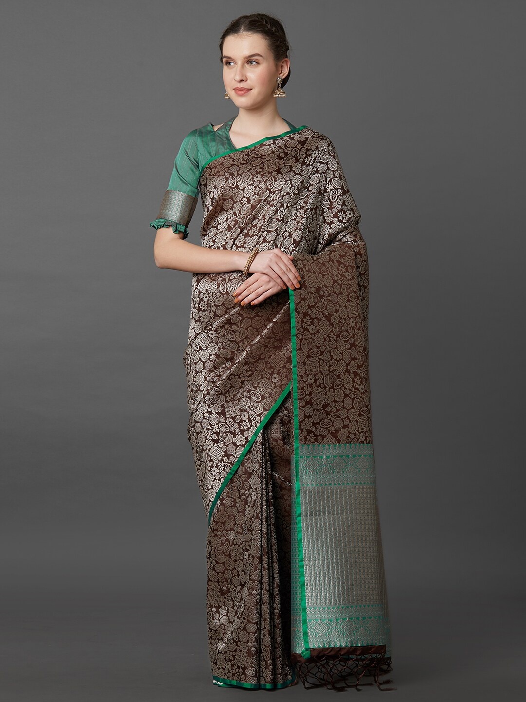 

Mitera Brown & Sea Green Woven Design Gotta Patti Silk Blend Saree