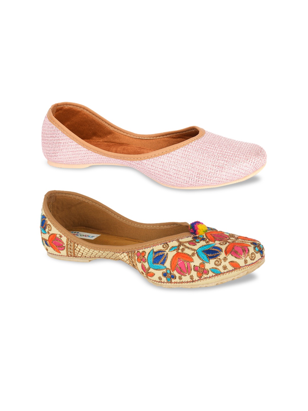 

DESI COLOUR Women Multi Pack of 2 Embellished Leather Ethnic Mojaris Flats
