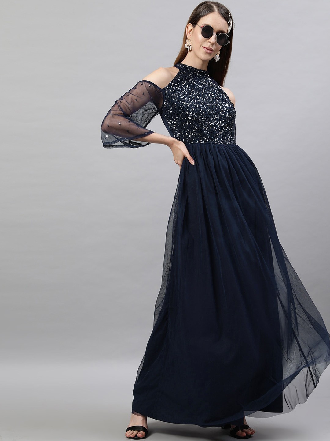 

STREET 9 Women Navy Blue Sequinned Net Maxi Dress