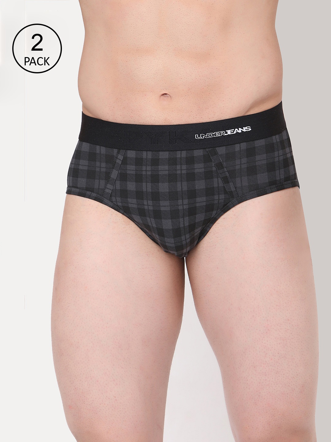 

UnderJeans by Spykar Men Pack Of 2 Black & Grey Checked Basic Briefs UJMBRPBC035