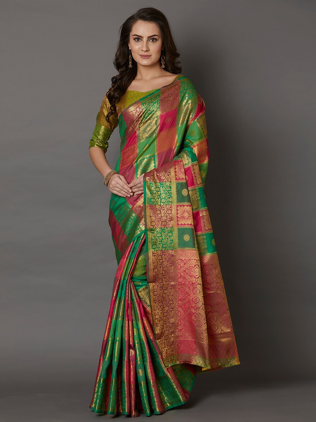 

Mitera Green & Magenta Woven Design Zari Silk Blend Saree