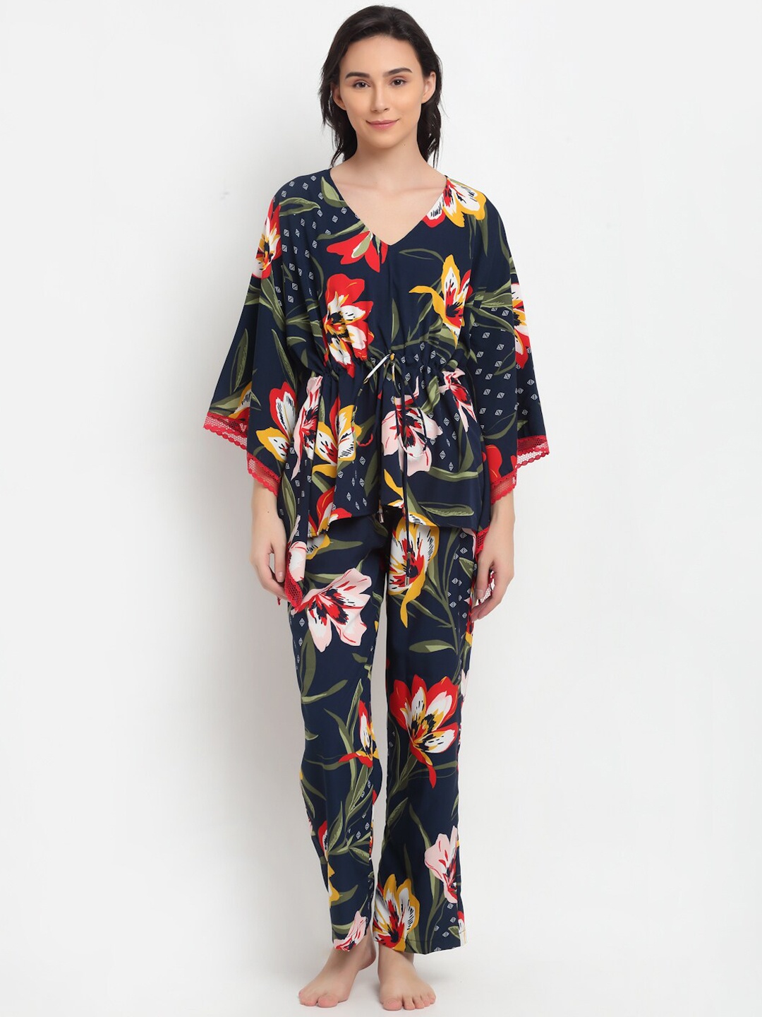 

EROTISSCH Women Navy Blue & Red Printed Kaftan Night suit