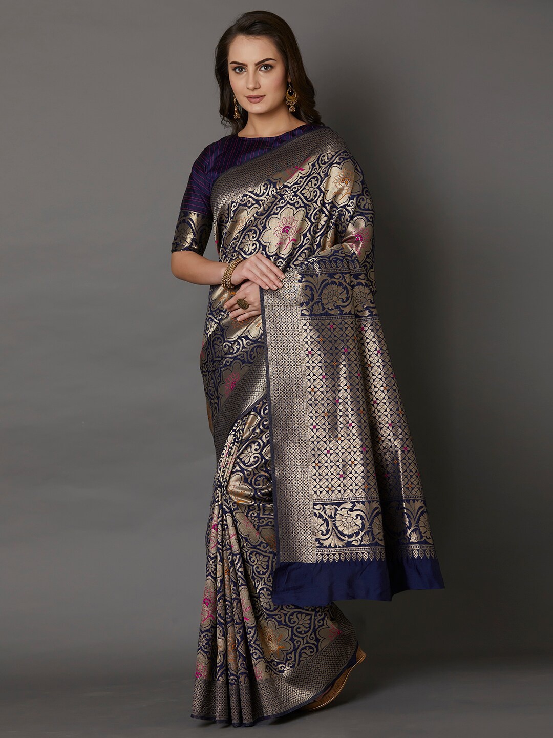 

Mitera Navy Blue & Gold-Toned Woven Design Zari Silk Blend Banarasi Saree