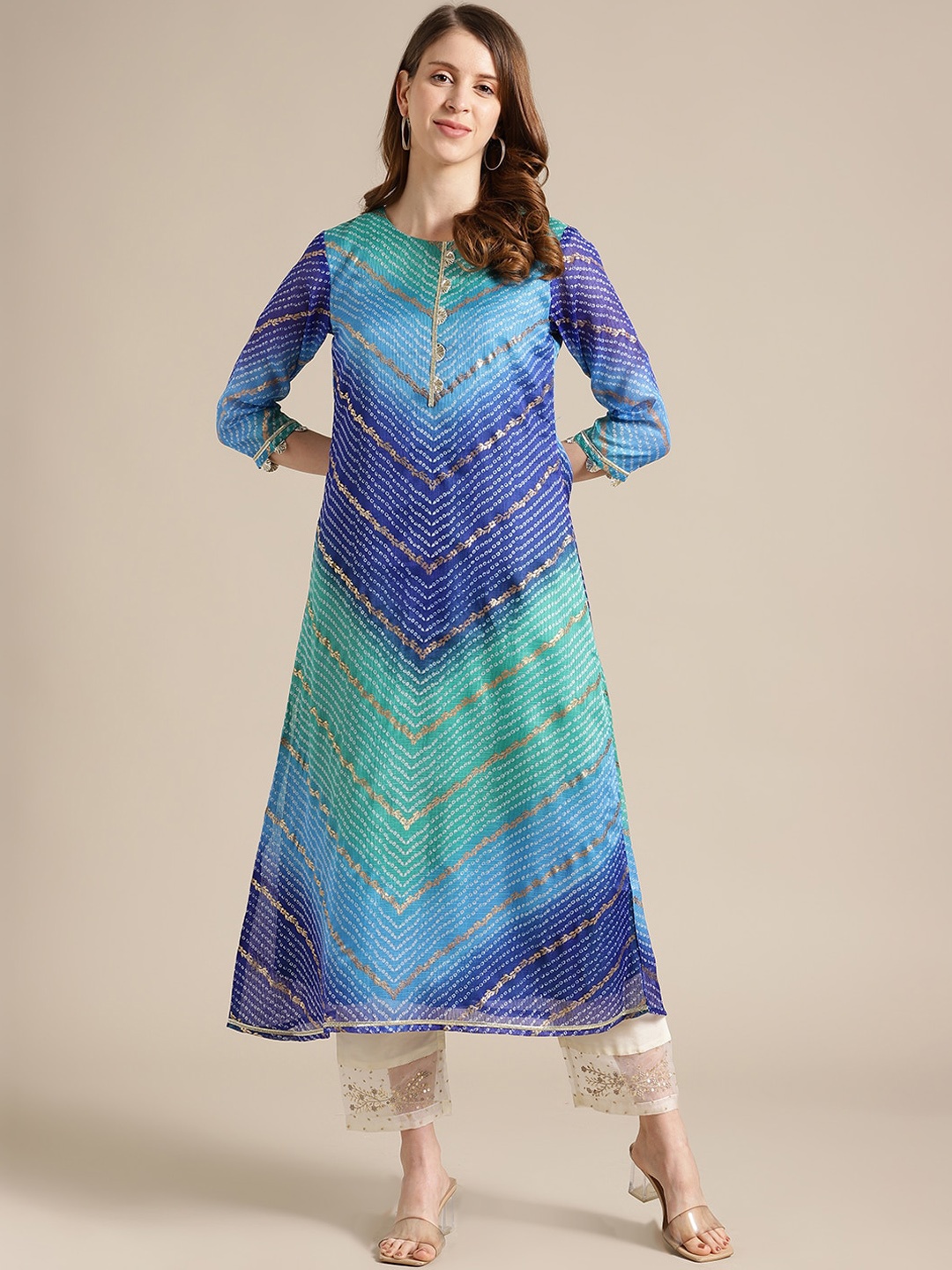 

Varanga Women Blue & White Striped Gotta Patti Cotton Kurta