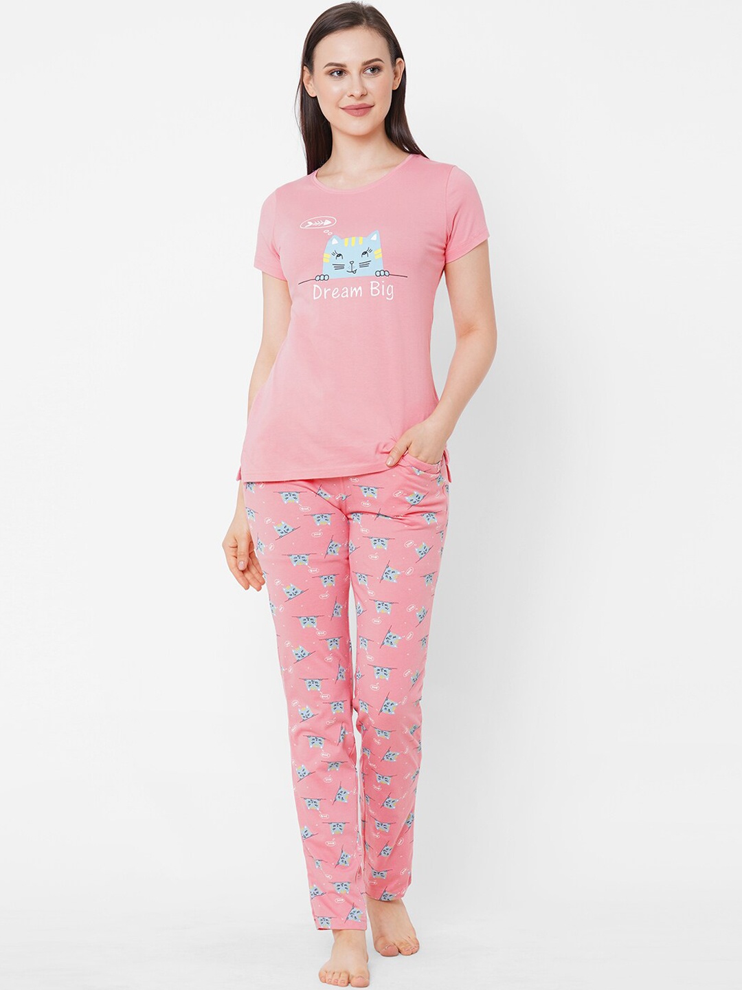 

Sweet Dreams Women Pink & Sea Green Printed Night suit