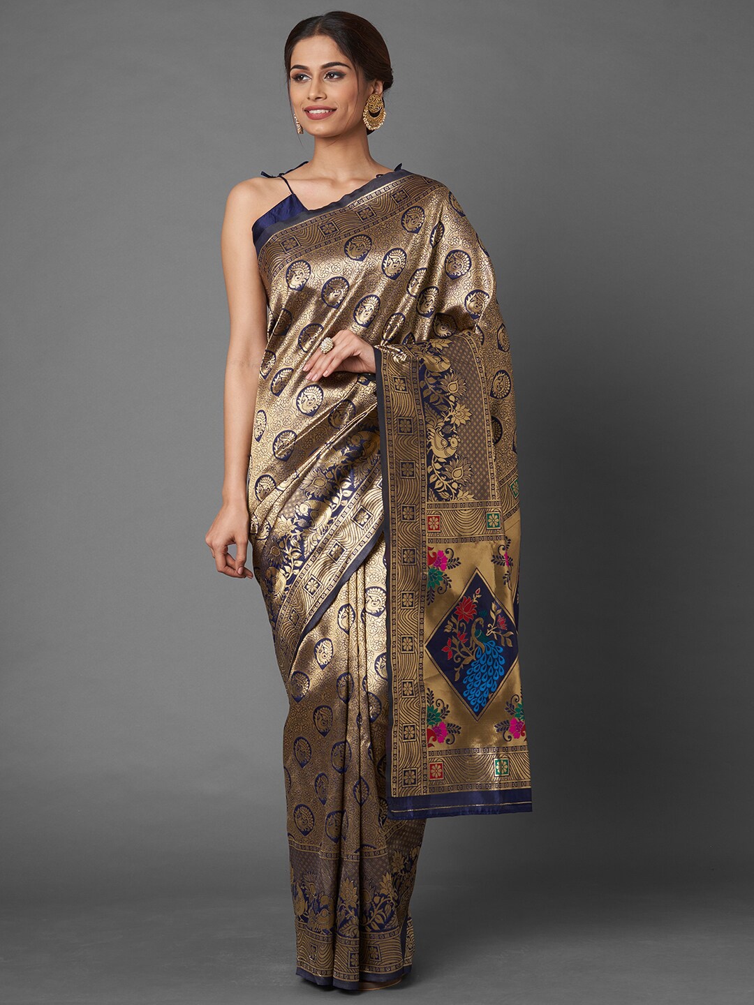

Mitera Navy Blue & Gold-Toned Woven Design Zari Silk Blend Banarasi Saree