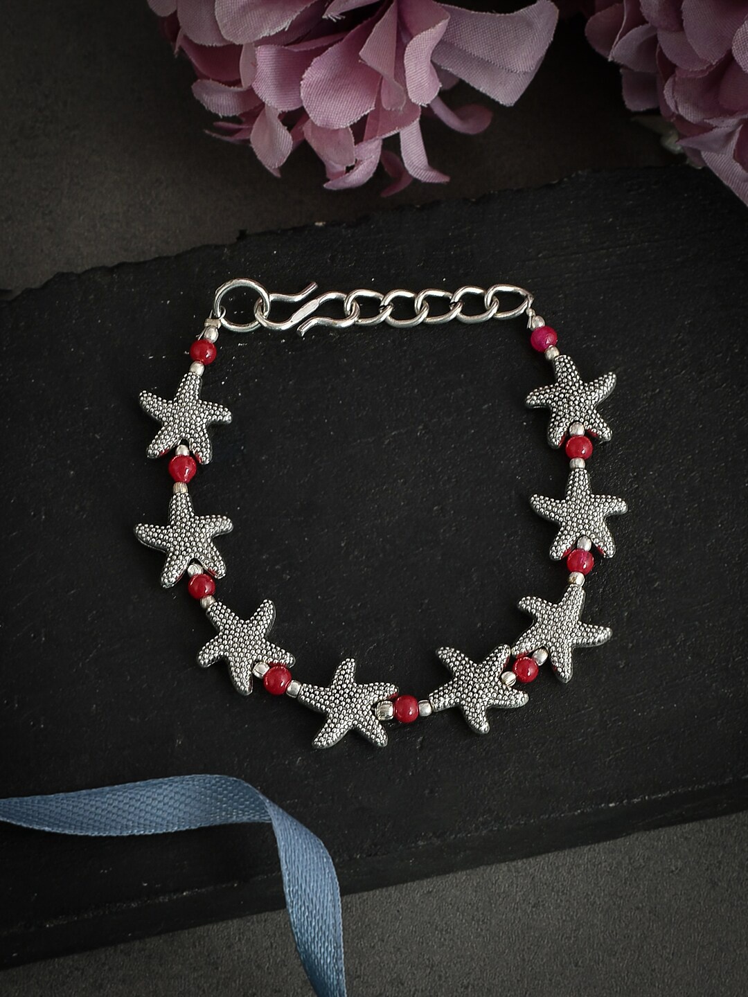 

Silvermerc Designs Silver-Plated Red Beaded Boho Starfish Tribal Anklet