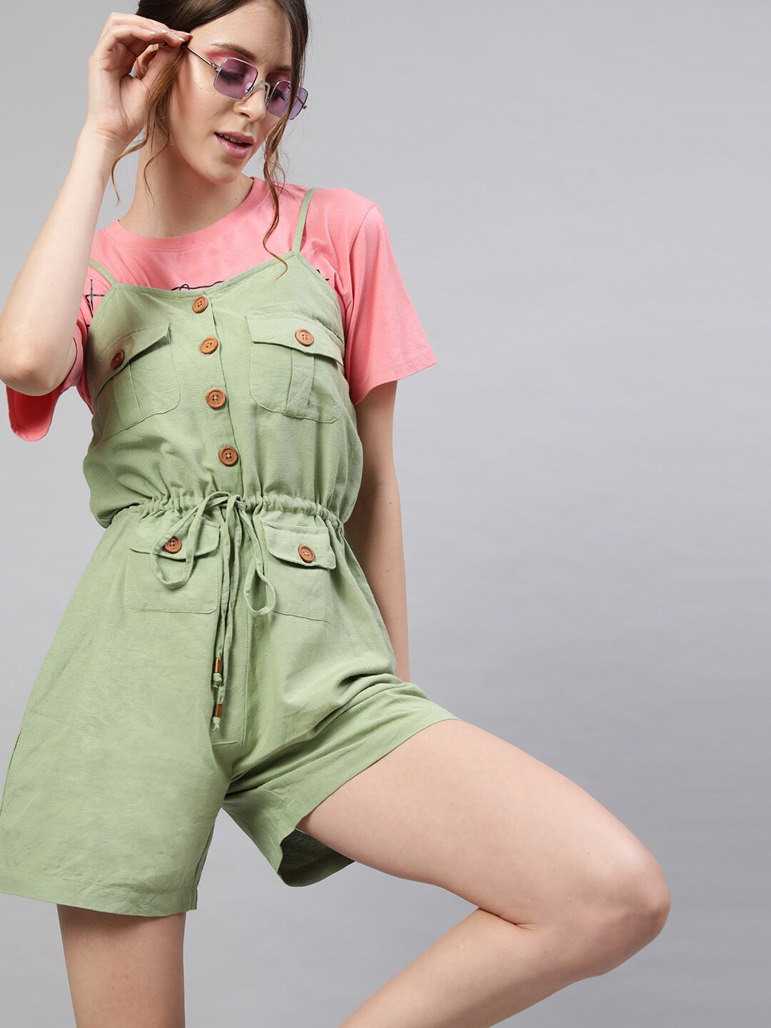 

STREET 9 Green Cotton Jumpsuit