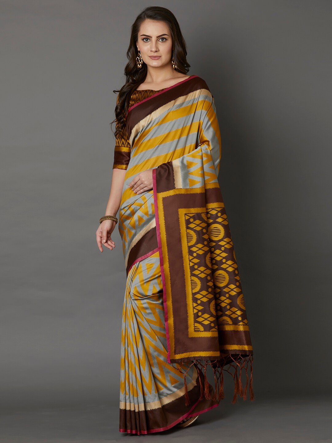 Mitera Grey & Mustard Yellow Silk Blend Saree