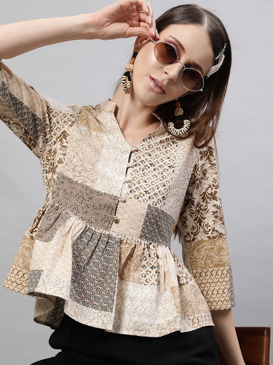 

STREET 9 Multi Crepe Printed Cinched Waist Top