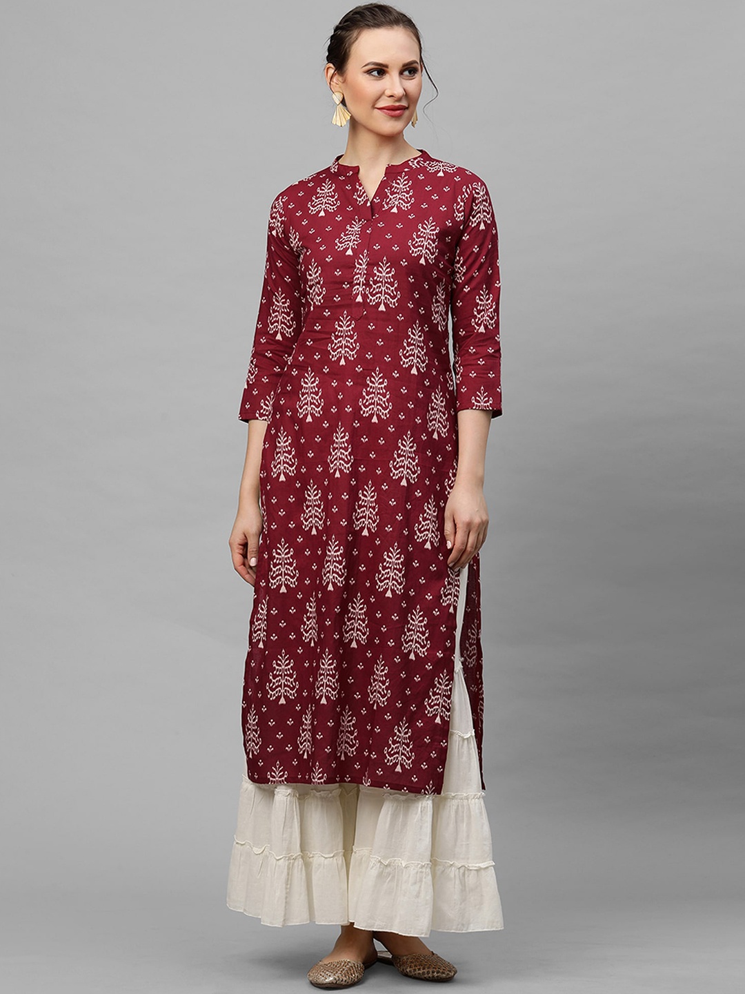 

Indo Era Women Maroon & White Ethnic Motifs Printed Kurta