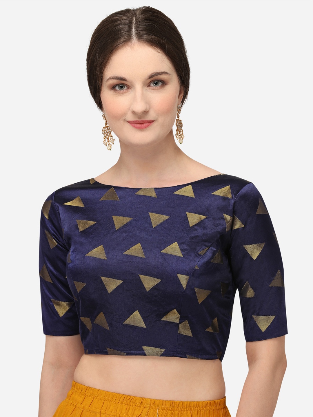 

Fab Dadu Women Navy Blue & Gold-Colored Printed Silk Saree Blouse