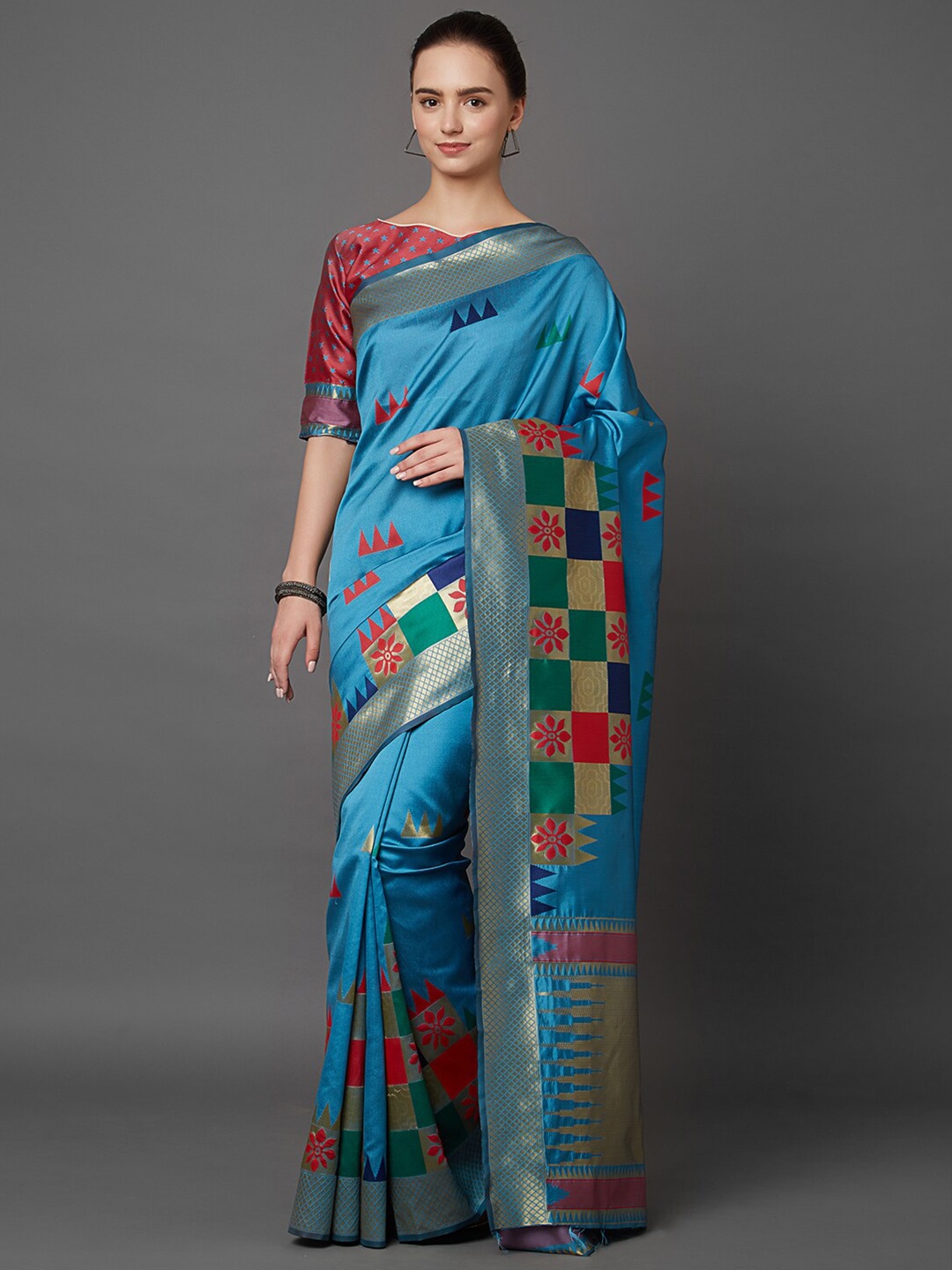 

Mitera Turquoise Blue & Red Silk Blend Banarasi Saree
