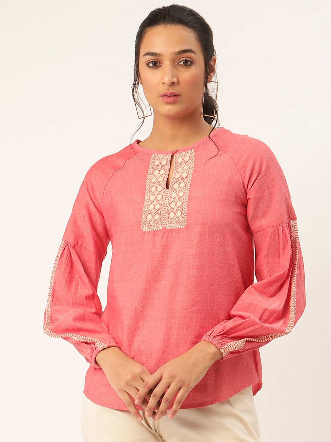 

ROOTED Women Red Embroidered Bishop Sleeves Linen Regular Top