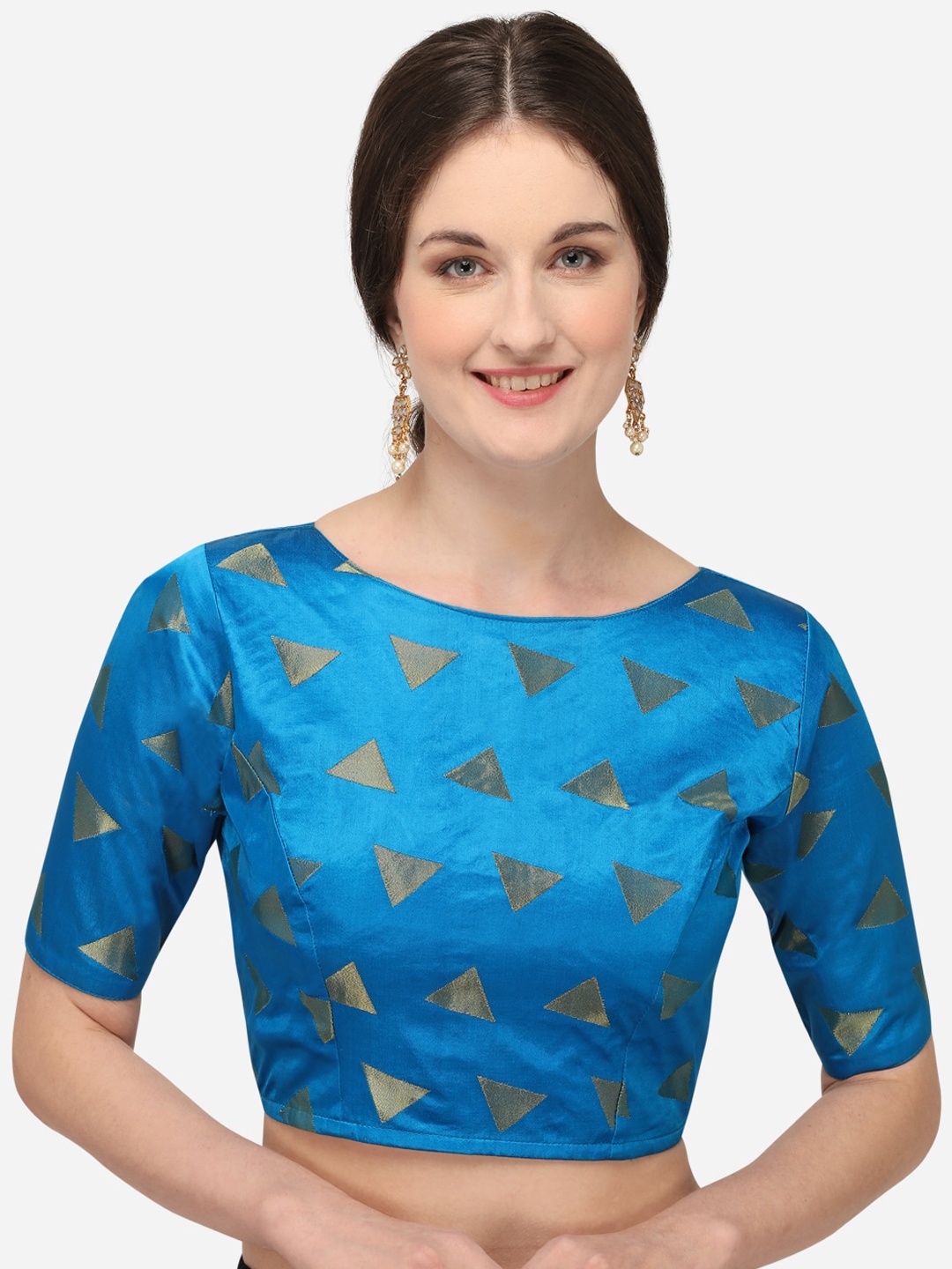 

Fab Dadu Women Blue & Gold-Coloured Printed Silk Saree Blouse