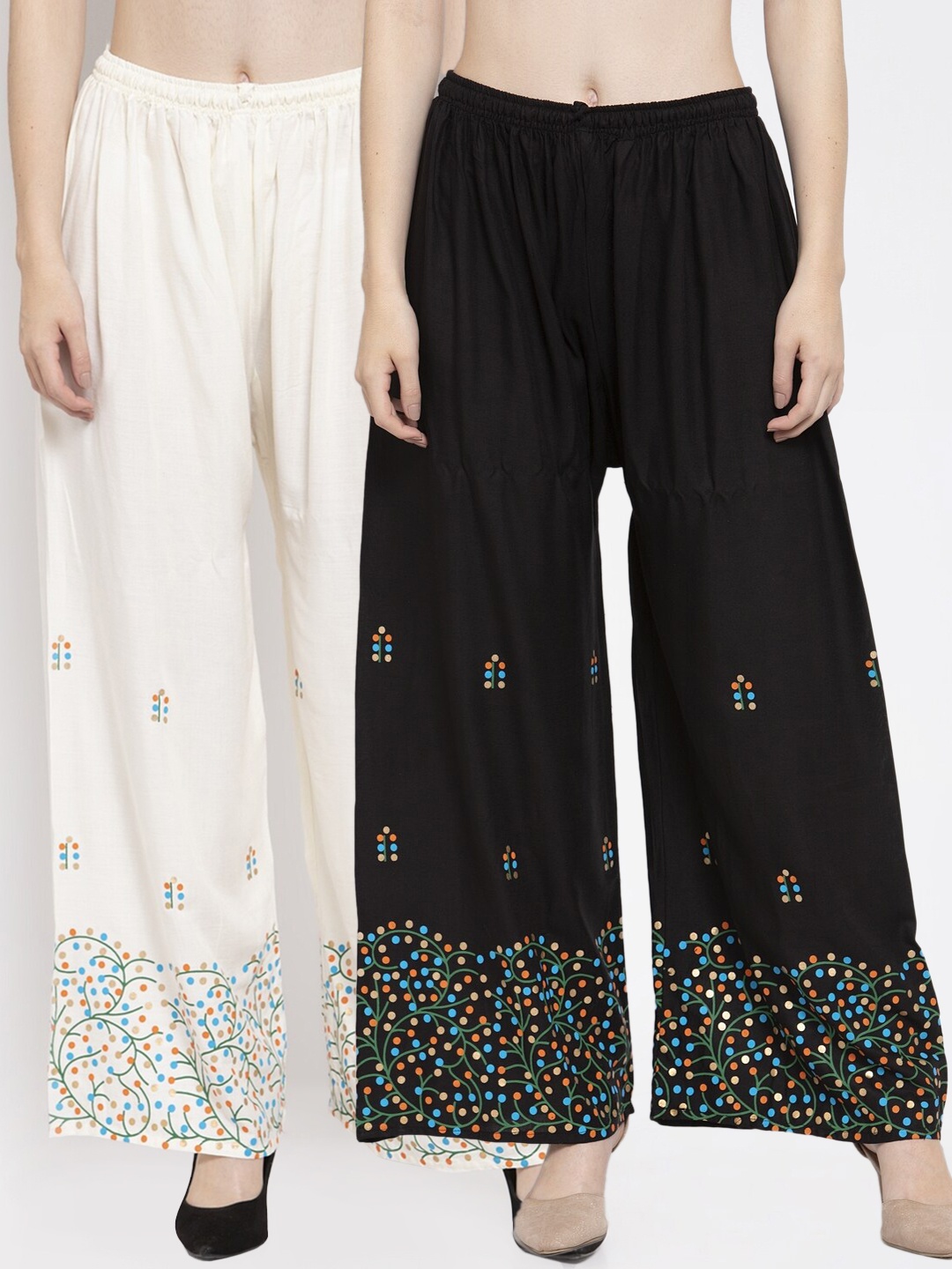 

Clora Creation Women White & Black Pack Of 2 Ethnic Motifs Printed Knitted Palazzos