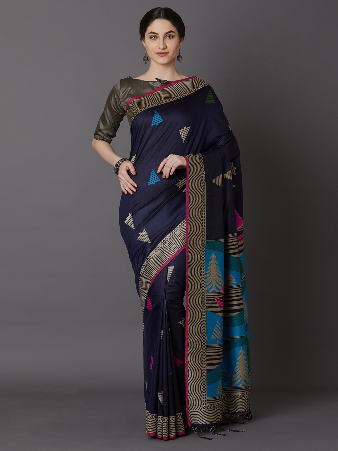

Mitera Navy Blue & Gold-Toned Woven Design Zari Silk Cotton Saree