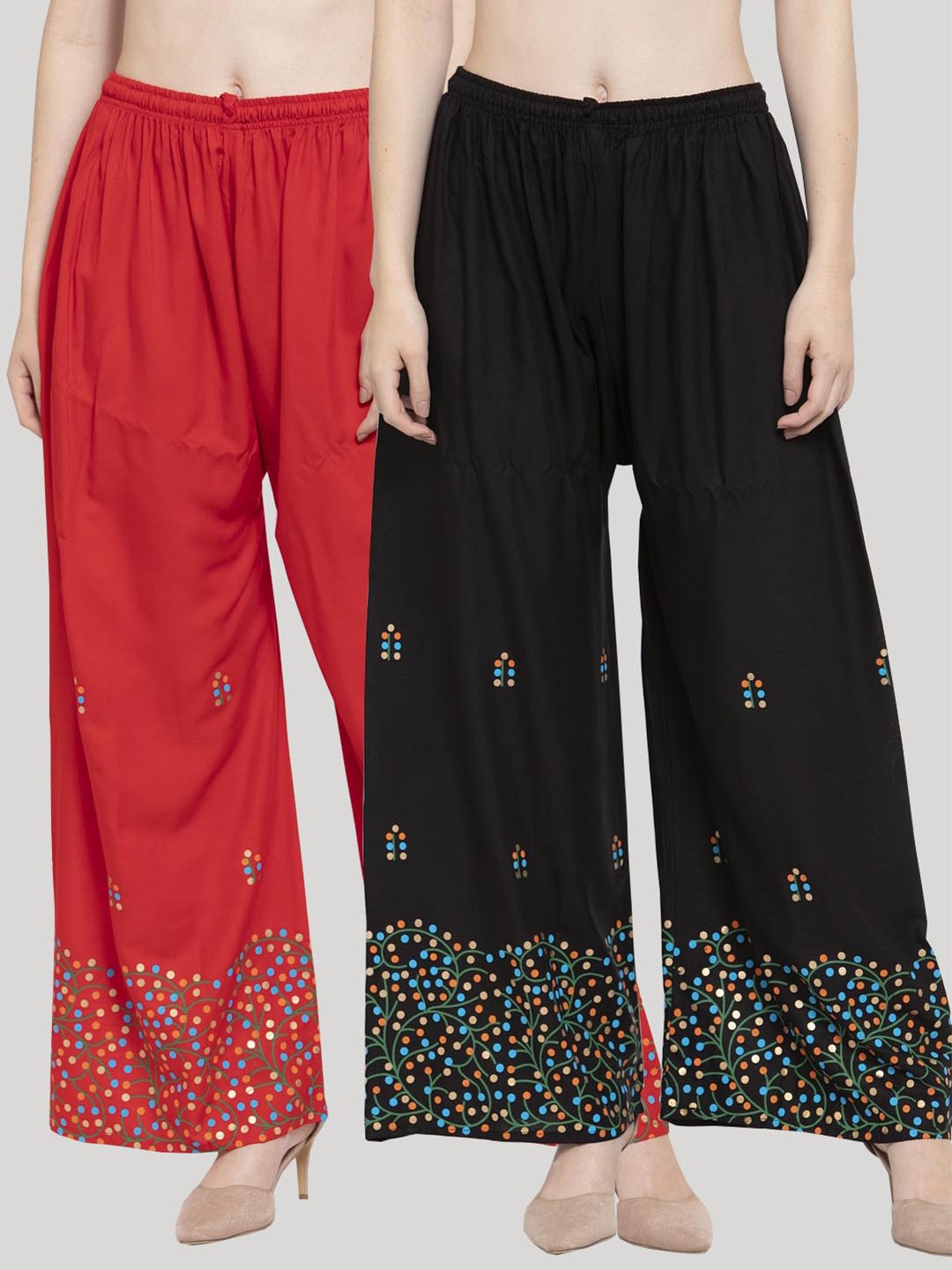 

Clora Creation Women Pack Of 2 Black & Red Floral Printed Knitted Palazzos
