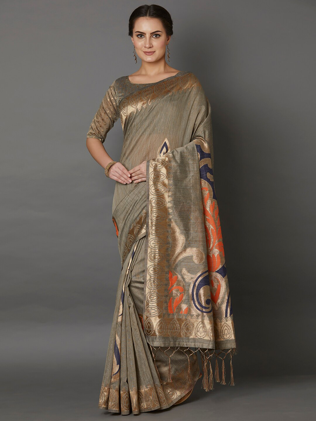 

Mitera Beige & Gold-Toned Woven Design Zari Silk Cotton Saree