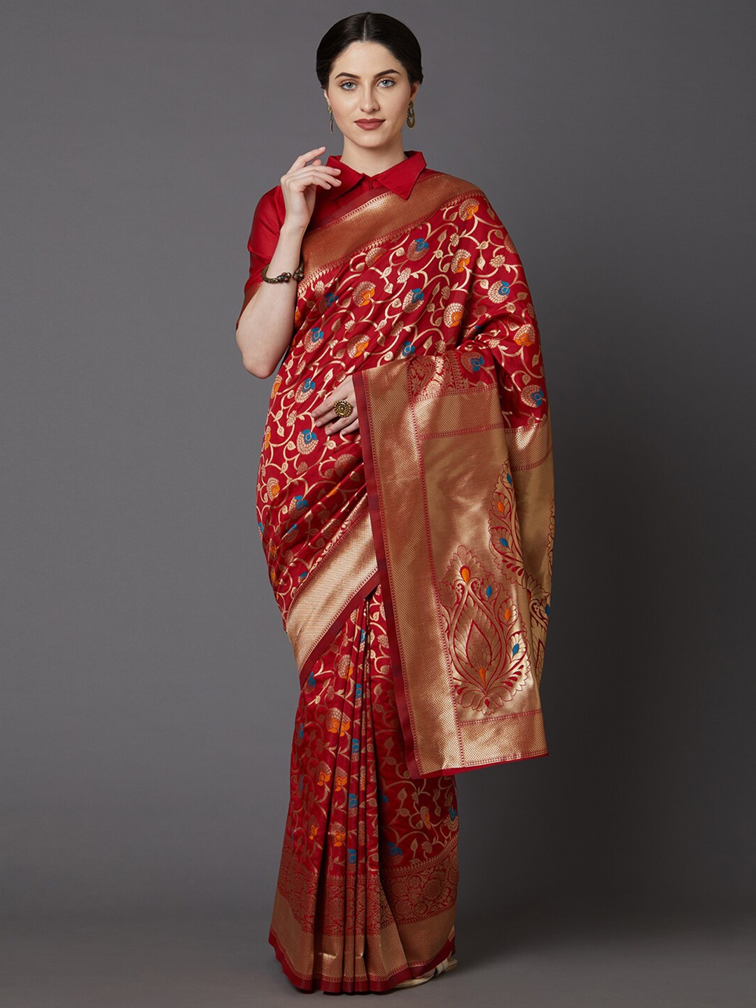 

Mitera Red & Navy Blue Ethnic Motifs Zari Silk Blend Saree