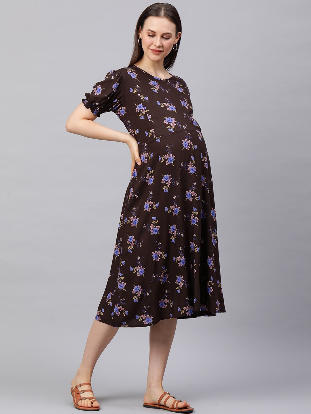 

MomToBe Brown Printed A-Line Midi Maternity Nursing Sustainable Dress