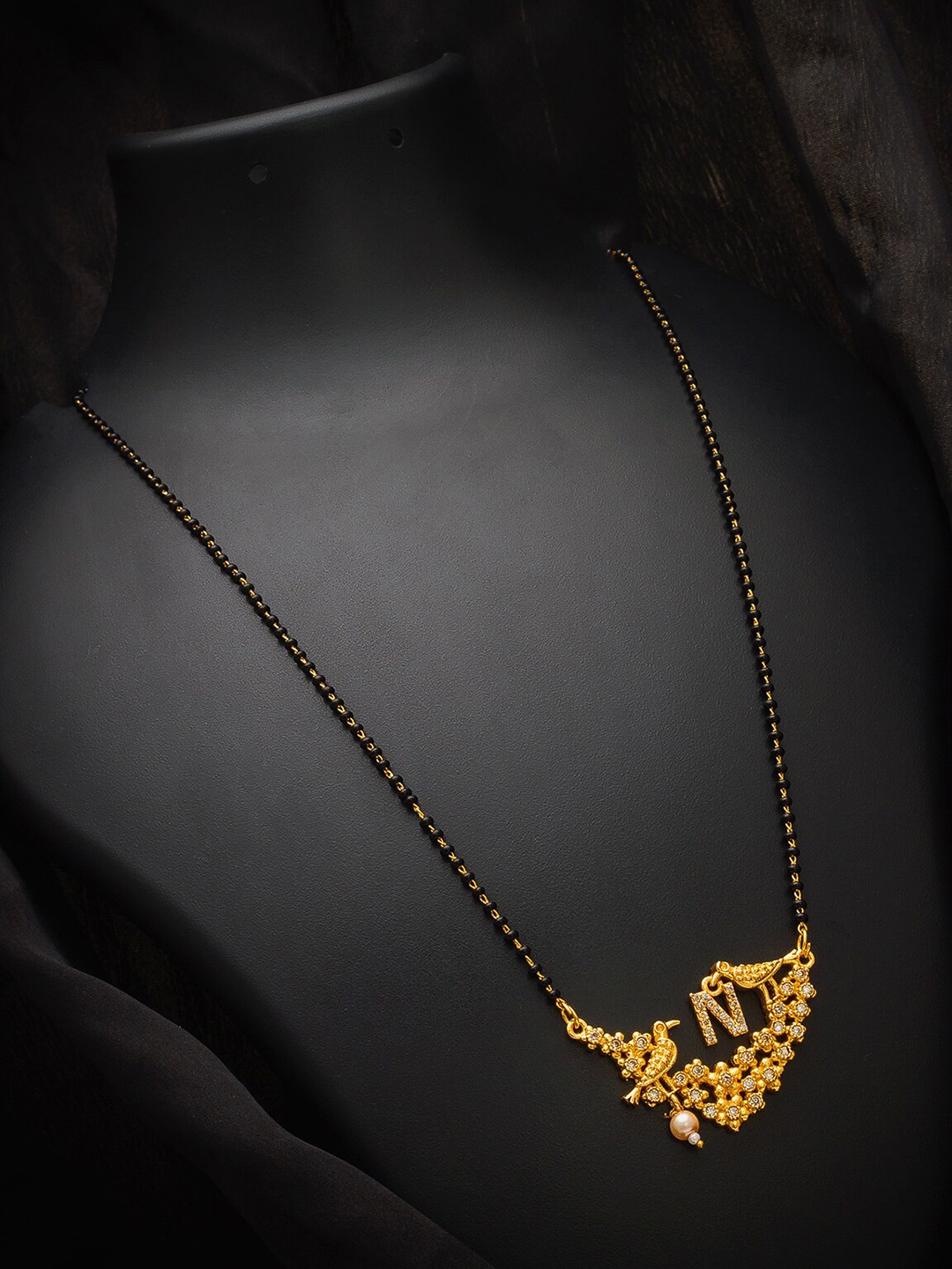 

aadita Gold-Plated Black & White AD-Studded & Beaded Alphabet Initials Letter N Mangalsutra