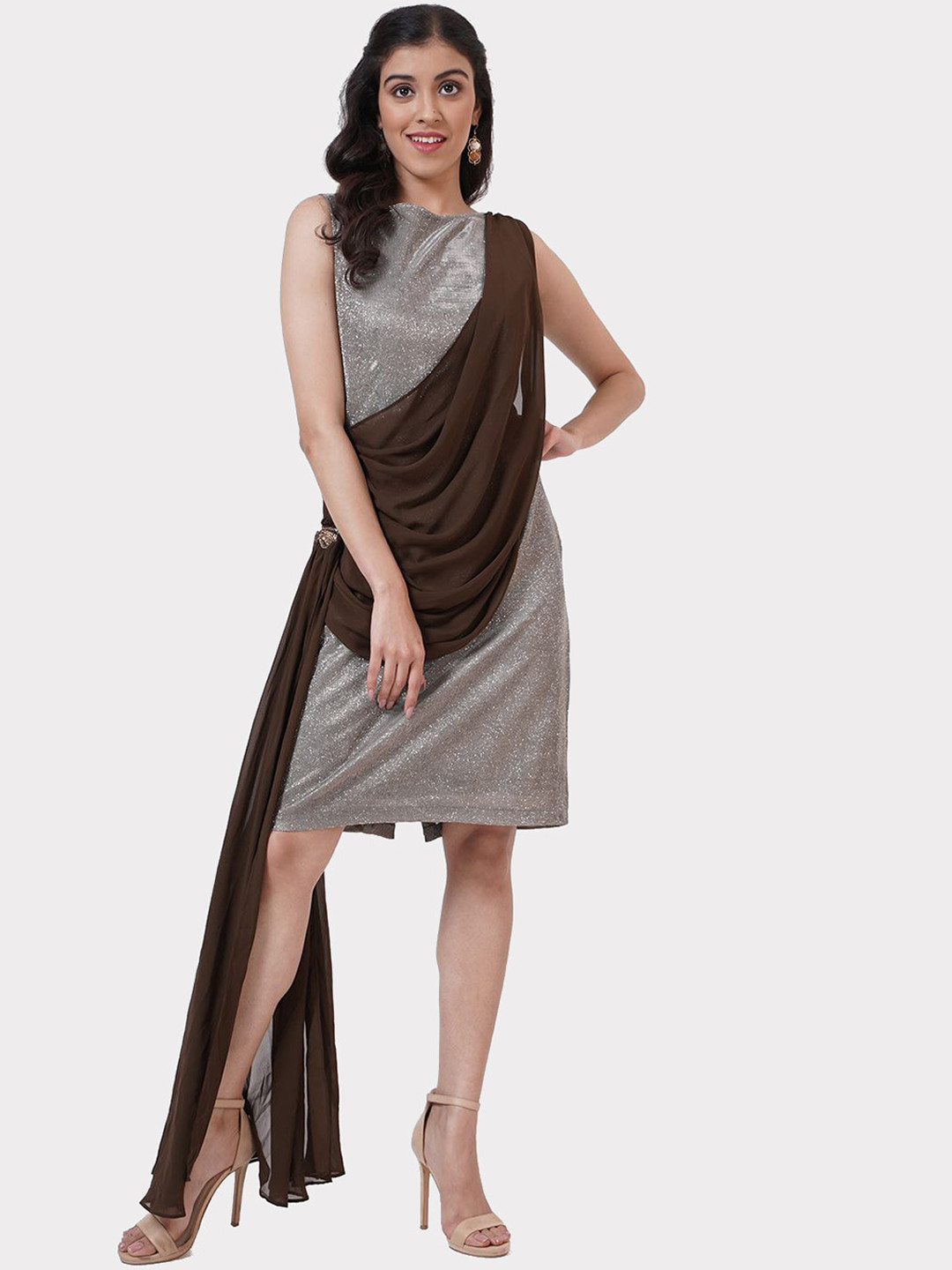 

SHECZZAR Women Silver And Coffee Brown Draped Midi Dress