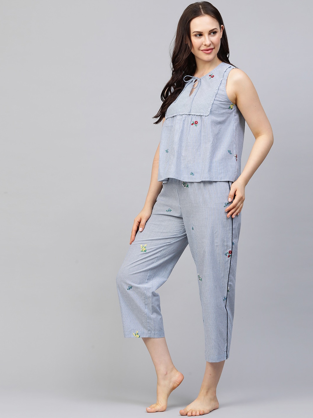 

Chemistry Women Blue & White Embroidered Night suit