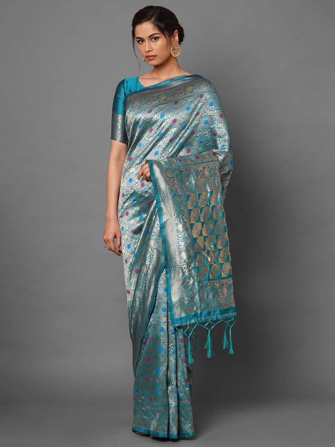 

Mitera Turquoise Blue Woven Design Zari Silk Blend Banarasi Saree