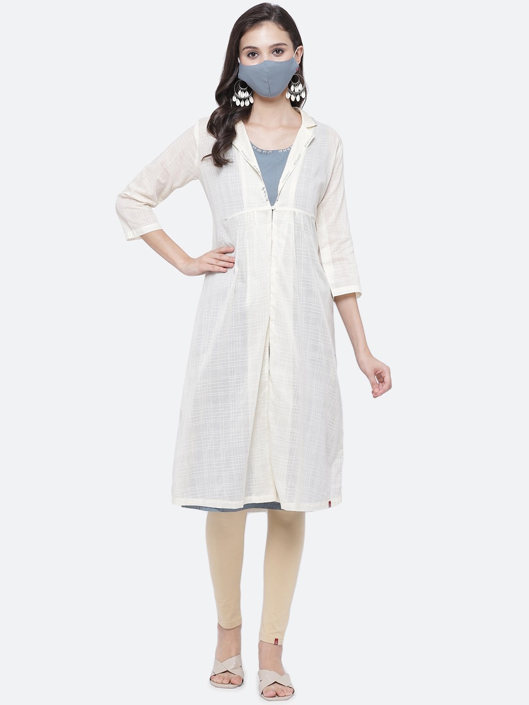 

Biba Women Blue Cotton Kurta With Mask & Jacket