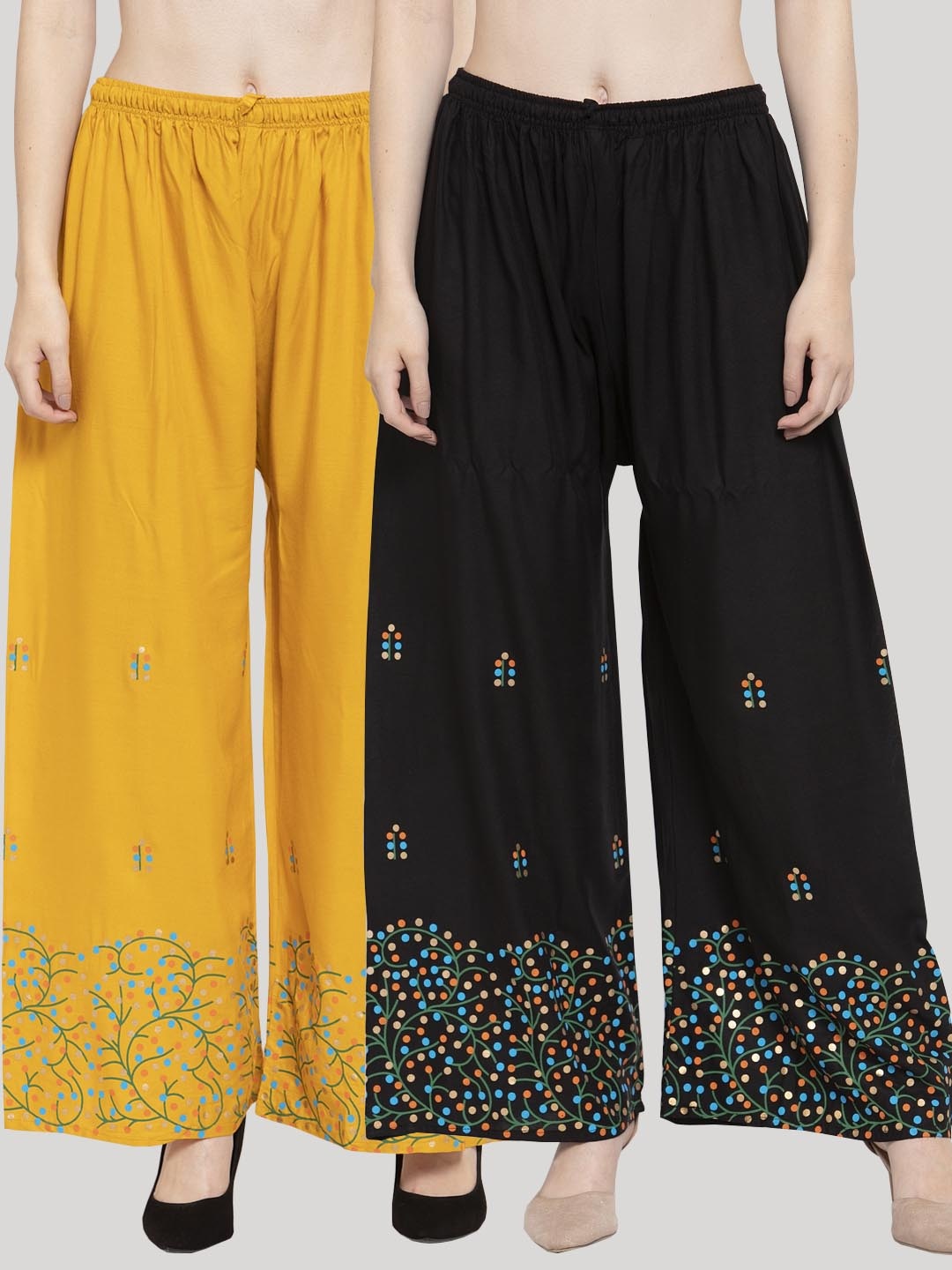 

Clora Creation Women Pack Of 2 Black & Mustard Yellow Hem Design Knitted Ethnic Palazzos