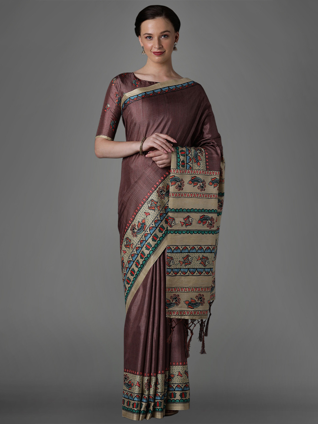 

Mitera Brown & Green Warli Satin Saree