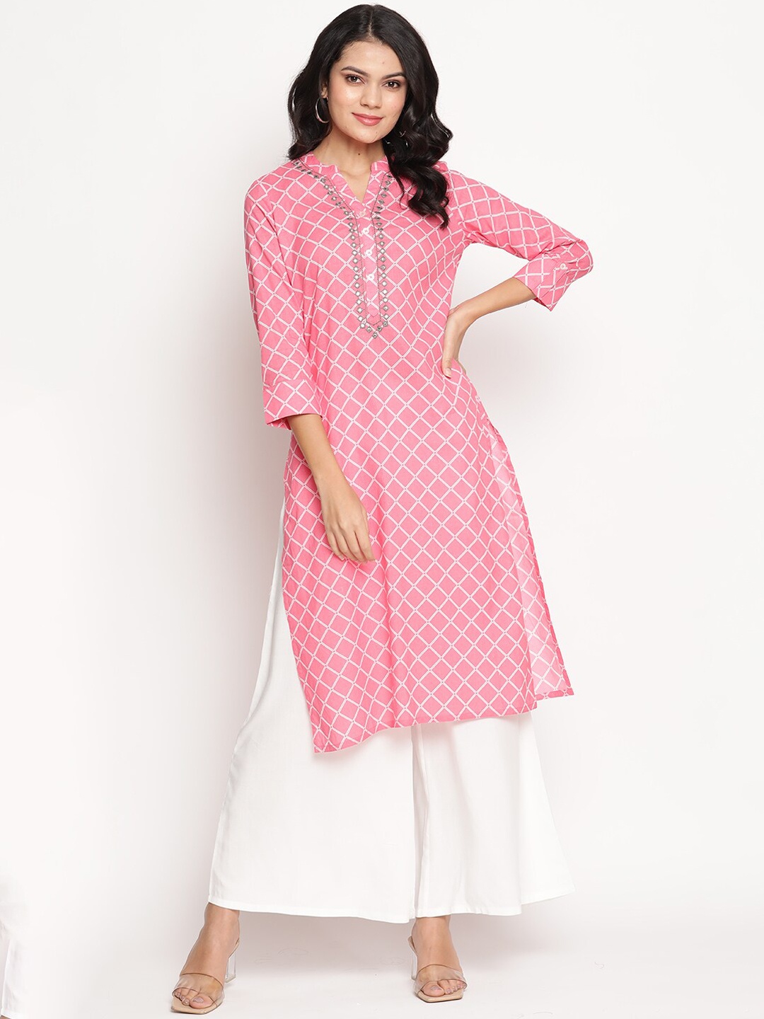 

Be Indi Women Mandarin Collar Geometric Straight Side Slits Festive Kurta, Pink