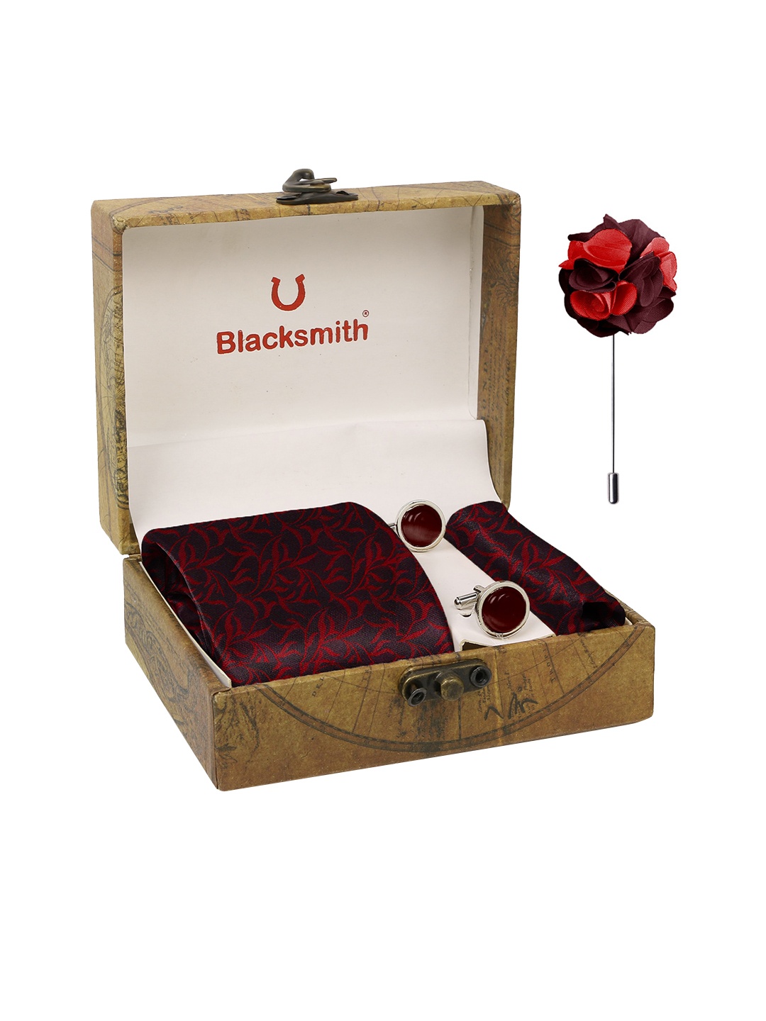 

Blacksmith Men Red & Black Leaves Printed Accessory Gift Set