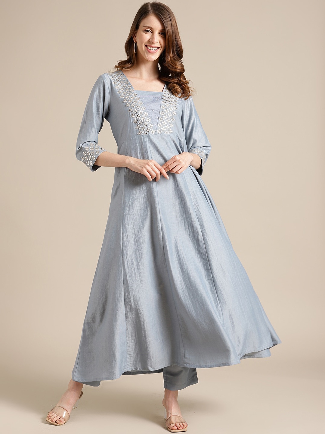 

Varanga Women Blue Yoke Design Thread Work Anarkali Kurta